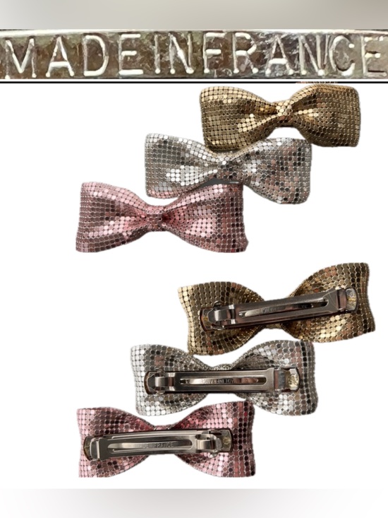 Whiting & Davis Accessories - 3️⃣Set 1980s Made in France Metal Mesh Chainmail Bow Barrette Gold Silver Rose